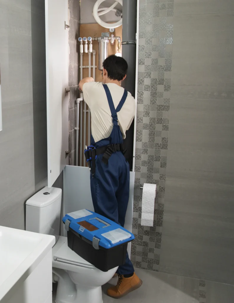 Plumber repairing pipework in a home bathroom