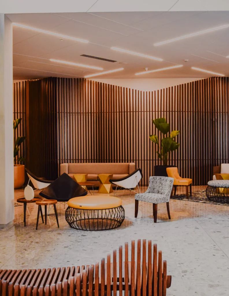 Modern hotel lobby with lounge seating