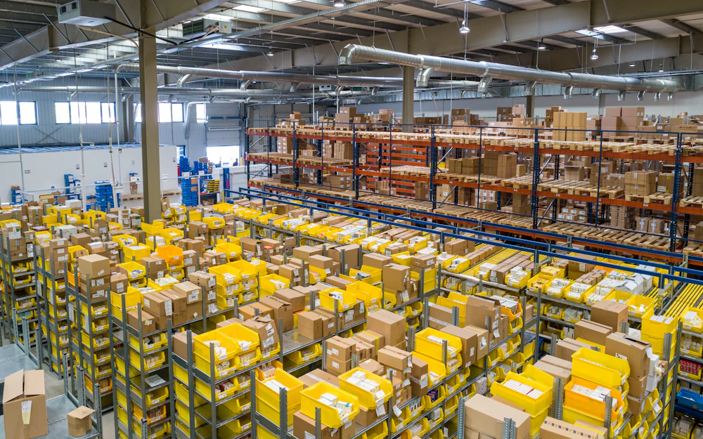 Warehouse with stocked industrial shelving