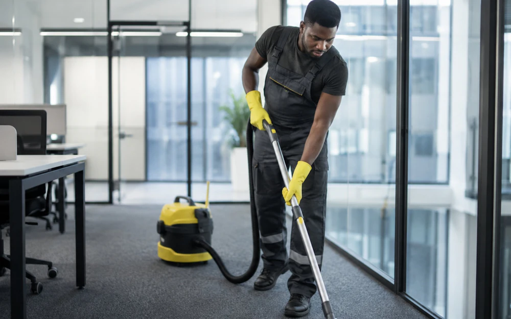 Janitorial staff vacuuming a commercial office