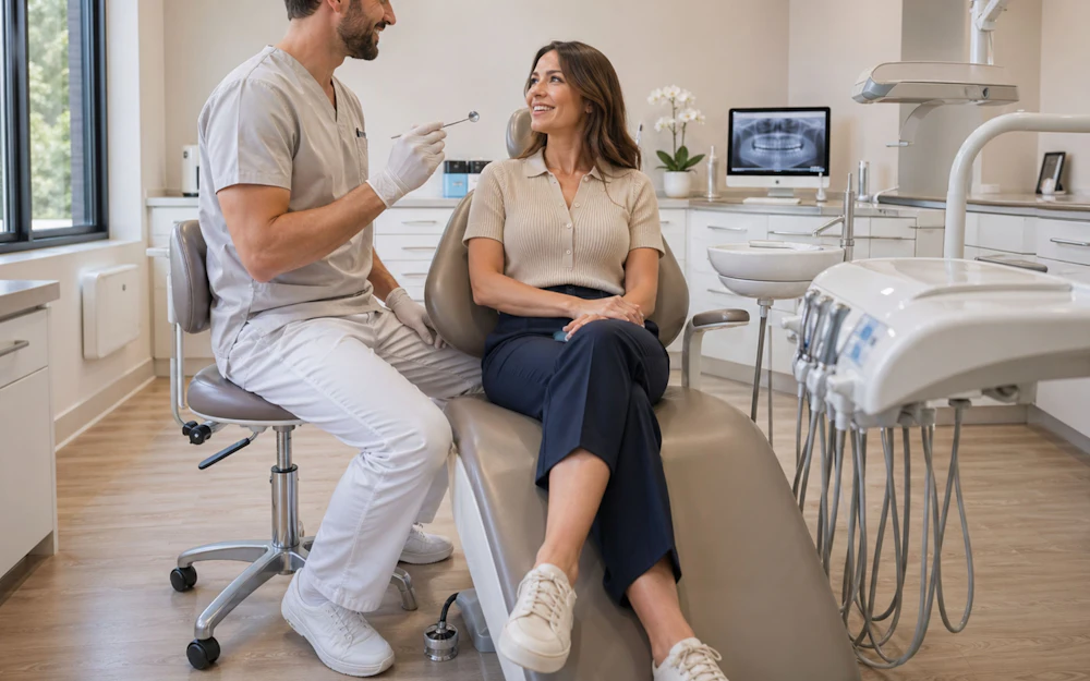 Dentist talking with a patient in a modern clinic
